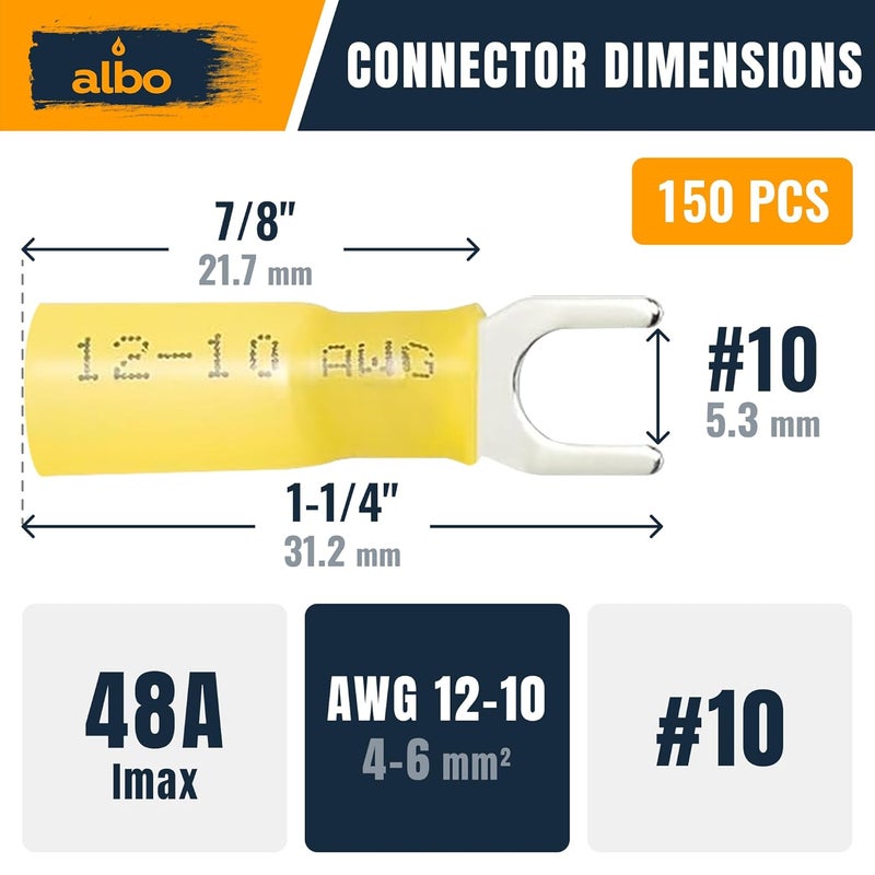 ALBO 150PCS Yellow Heat Shrink Fork Spade Connectors #10 – 12-10 AWG Tinned Copper Terminals, Waterproof Wire Crimp Kit for Automotive, Marine, Speaker & Electrical Wiring - Image 2